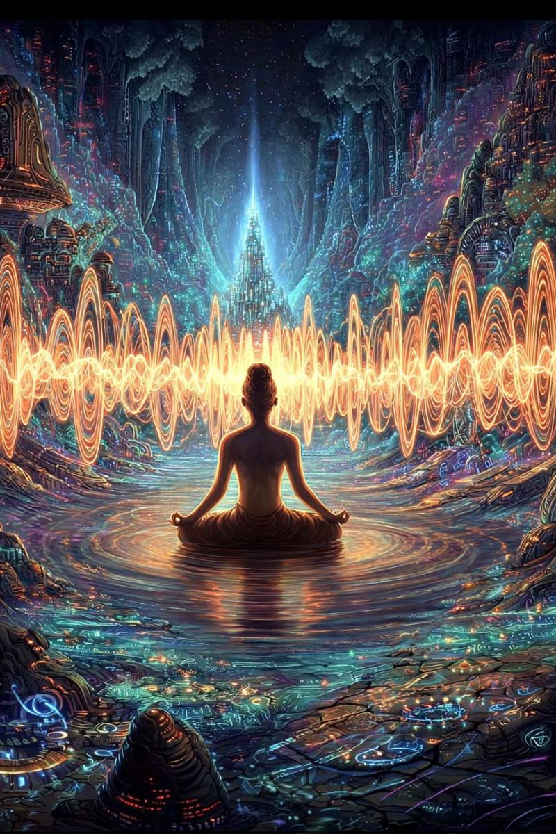 Meditation eau reflexion vagues Une personne est assise dans une posture méditative au centre d'un paysage vibrant et surréaliste. La personne est torse nu et a les mains dans un geste de paix. Elle est entourée d'un motif ondulatoire lumineux qui semble émaner de son corps. L'arrière-plan présente une ville fantastique et lumineuse avec des structures imposantes et des designs complexes. Le ciel est sombre, avec des étoiles et une source de lumière lumineuse au loin. Le premier plan est rempli d'un mélange d'eau et de terrain rocheux, avec des lumières et des motifs lumineux.