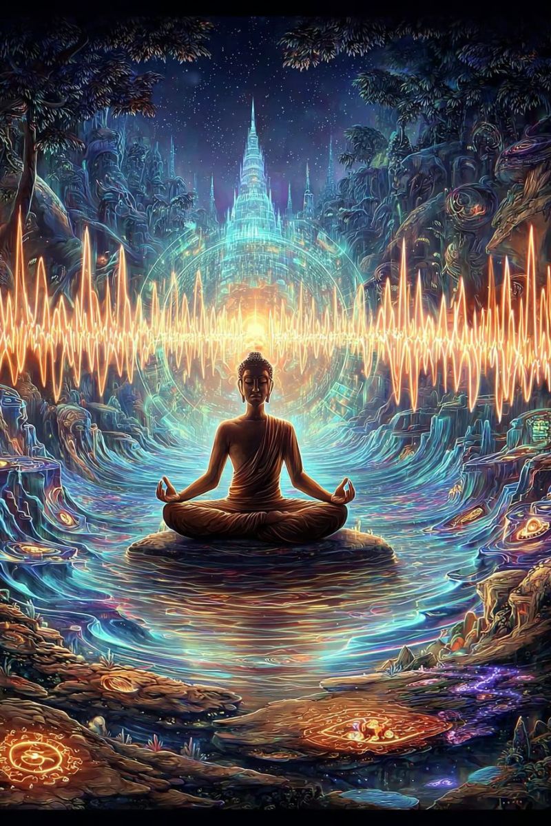 Bouddha meditation eau Une figure sereine d'un Bouddha est assise en méditation sur un rocher au milieu d'une rivière qui coule. La rivière est entourée de falaises rocheuses et de verdure luxuriante. Derrière le Bouddha, une structure circulaire et lumineuse avec une source de lumière centrale ressemble à un mandala. L'arrière-plan présente un château fantastique avec de multiples flèches et tours, illuminé par une douce lumière éthérée. Le ciel au-dessus est sombre, avec des étoiles qui scintillent faiblement. Toute la scène est baignée d'une lumière chaude et dorée, créant une atmosphère mystique et paisible.