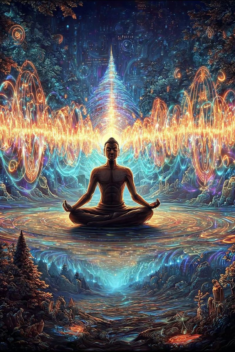 Meditation bouddha homme eau Un homme est assis dans une pose méditative au centre d'un paysage vibrant et d'un autre monde. Il est chauve et porte une expression sereine. Derrière lui, une structure en spirale lumineuse émet de la lumière, entourée d'une forêt avec des feuilles et des arbres lumineux. L'arrière-plan présente un mélange de couleurs sombres et claires, avec un motif ondulé lumineux qui ajoute à l'atmosphère mystique. La scène se déroule sur fond de ciel sombre et étoilé.