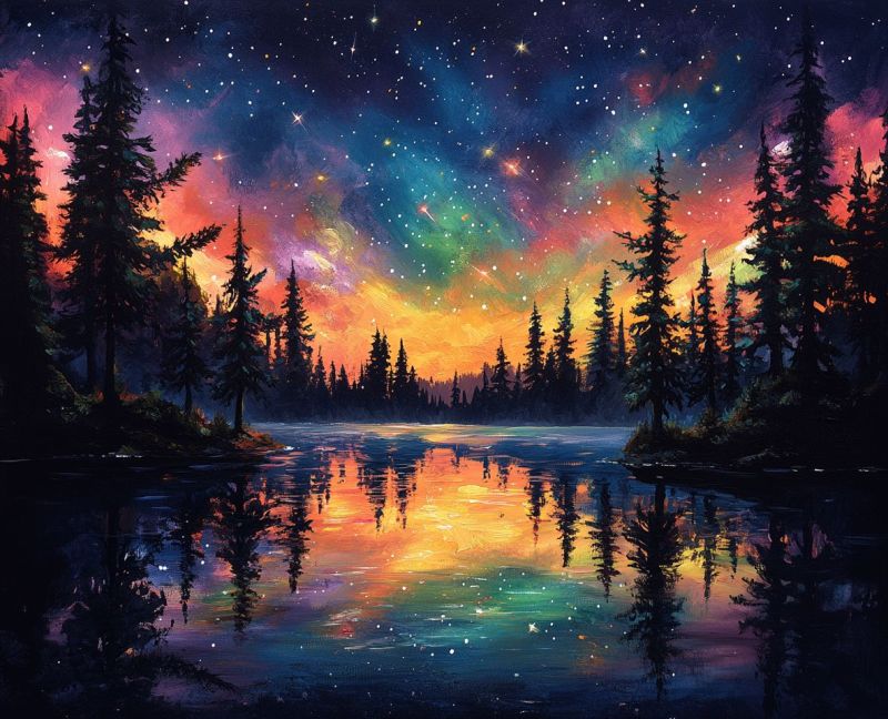 Ciel nocturne galaxie etoile arbre lac foret voie lactee aureole boreal naturel paisible cosmique nuit naturelle nebuleuse planetaire lux Une peinture vibrante et colorée représentant un paysage nocturne. Au centre, il y a une lac lente calme avec une surface reflétant l'environnement qui l'entoure. Dans le ciel au-dessus, les étoiles scintillent bruyamment, suggérant une nuit claire. Une aurèle colorée ou les Lumières du Nord peuvent être vues dans le fond, ajoutant à la beauté éthérale de la scène. Le foreground présente des silhouettes d'arbres de pins et ce qui paraît être une range de montagnes. Les couleurs utilisées dans la peinture sont riches et variées, avec des bleus, des pourpres, des jaunes et des rouges dominant la scène. Il y a un sens de tranquillité et de merveille naturelle que l'image transmet.