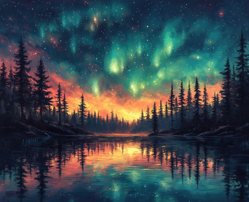 Nuit ciel etoile spectre nord foret arbre pin nocturne soir tranquille reflet eau wilderne paisibles naturel Scène paysage, probablement une oeuvre d'art numérique ou photographie. Un espace forestier tranquille au fond de la image, avec des pins élevés le long du bord. Au centre de l'image, un corps d'eau qui reflète le ciel et les silhouettes des arbres. Le ciel au-dessus est vaste et rempli de étoiles, ce qui suggère qu'il pourrait être la nuit. Les couleurs dans le ciel sont dominées par le chaud, avec des tons d'orange, jaune et rouge prédominant dans la partie supérieure de l'image, indiquant soit un coucher du soleil ou une effets aurore. En dessous de ce ciel coloré, on peut voir la ligne horizontale où le ciel rencontre les arbres. La composition globale de l'oeuvre d'art transmet un sentiment de paix et la beauté de la nature à la fois pendant le lever ou le coucher du soleil, compte tenu de présence de couleurs chaudes et froides dans le ciel. Les arbres apparaissent être des pins éphémères, couramment associés aux climats plus froids, tandis que l'eau pourrait représenter un lac ou un fleuve. Il n'y a aucune texte ou étiquette visible dans l'image elle-même.