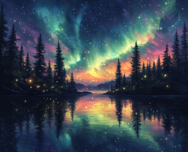 Naturels nocturne foret bougies polaires fleuve nuit ciel stelle aurora boreali etoile Ce texte traduit en français est : Scène de ciel nocturne vibrante. Fond bleu-ivoire éclairé par une multitude d'étoiles, créant un sentiment de profondeur et de merveille cosmique. Au premier plan, il y a une rivière calme qui reflète les couleurs vives du ciel. La rivière est entourée de denses forêts vertes et de montagnes lointaines, ce qui ajoute à la beauté naturelle de la scène. Sur le côté droit de l'image, il y a des petites maisons éclairées avec des lumières visibles à travers leurs fenêtres, suggérant un cadre paisible et rural. L'atmosphère générale est calme et pittoresque, évoquant un sentiment de paix et de tranquillité.