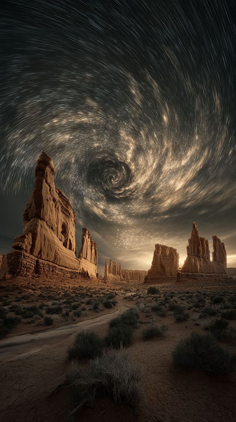Desert sky night star cloud mountain cloudy rock sunset dust dusty formation storm vast desert landscape under a night sky filled with stars. The sky is dark, with a prominent swirl of stars that appear to be moving, creating a mesmerizing effect. The stars are scattered across the sky, with some forming a circular pattern around the center. The desert is filled with rugged rock formations, including tall, jagged cliffs and smaller, scattered rocks. The ground is covered with sparse vegetation, mostly small shrubs and grasses. The overall scene is bathed in a soft, golden light, possibly from the setting sun or a nearby light source.
