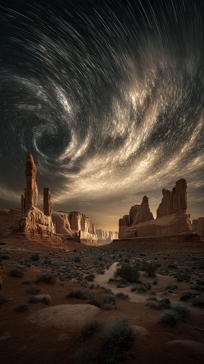 Desert ciel astronomie nuit nature air geologie roche montagne colline nuage poussiere poussiereux sec formation etoile trace caracteristique geograph L'image capture une scène de nuit à couper le souffle dans un paysage désertique. Le ciel est d'un bleu profond et sombre, rempli d'innombrables étoiles qui créent un effet de traînée d'étoiles fascinant, suggérant le passage du temps. Les étoiles sont dispersées dans le ciel, certaines formant un motif circulaire qui ajoute à l'atmosphère mystique. L'horizon est peint avec un dégradé de couleurs chaudes, passant de l'orange profond au rose doux, indiquant le coucher ou le lever du soleil. Au premier plan, il y a des formations rocheuses accidentées aux bords nets et anguleux, se détachant sur le terrain sablonneux doux. Le sol est recouvert d'une végétation clairsemée, principalement de petits arbustes et herbes, ajoutant de la texture à la scène. L'ambiance générale est sereine et impressionnante, évoquant un sentiment d'émerveillement et de tranquillité.