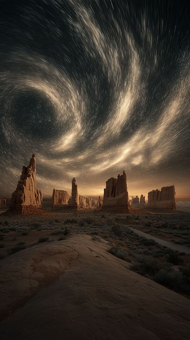 Desert etoiles coucher soleil nuages montagnes sentier rochers sable poussiere rocailleux roche formations nuit ciel laps temps tempete Un vaste paysage désertique est représenté sous un ciel nocturne rempli d'étoiles. Les étoiles sont capturées dans un motif tourbillonnant, créant un effet fascinant. Le désert est parsemé de formations rocheuses accidentées, dont certaines sont hautes et dentelées, tandis que d'autres sont plus petites et arrondies. Le sol est recouvert d'un mélange de sable et de petites végétations dispersées. L'horizon est visible, avec une subtile gradation de couleurs indiquant la transition de la nuit au jour. La scène globale est sereine et impressionnante, mettant en valeur la beauté de la nature de manière dramatique et artistique.