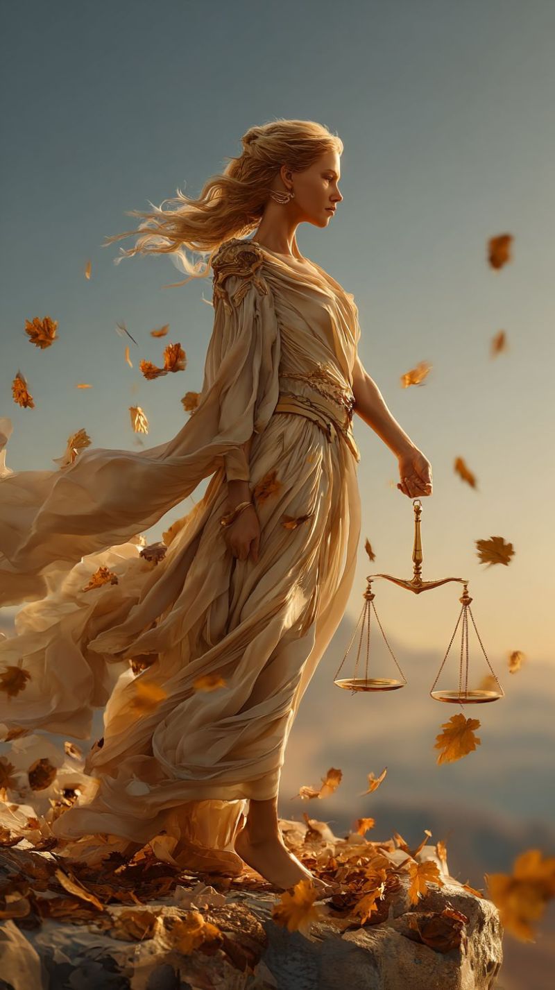 Femme robe balances equilibre automne feuilles vent ciel montagne rocher boucle oreille ceinture chaussure bijou ancien mythologie justice equ Une femme se tient sur une falaise rocheuse, ses longs cheveux blonds flottant dans le vent. Elle porte une robe dorée fluide ornée de motifs complexes, et ses pieds nus sont posés au bord de la falaise. Dans sa main droite, elle tient une balance dorée, symbolisant l'équilibre et la justice. Le ciel au-dessus est d'un bleu doux, et des feuilles d'automne flottent autour d'elle, ajoutant une touche de nature à la scène.