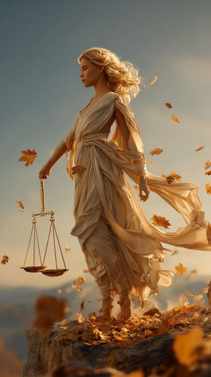 Woman statue justice law balance scales autumn fall leaves wind dress rock mountain sky sunlight shadow sculpture classical A woman stands on a rocky cliff, her flowing dress and long blonde hair catching the light. She holds a golden scale in her right hand, symbolizing justice. The scene is set against a back of falling autumn leaves, creating a serene and contemplative atmosphere. The sky is a soft blue, and the overall mood is one of grace and balance.