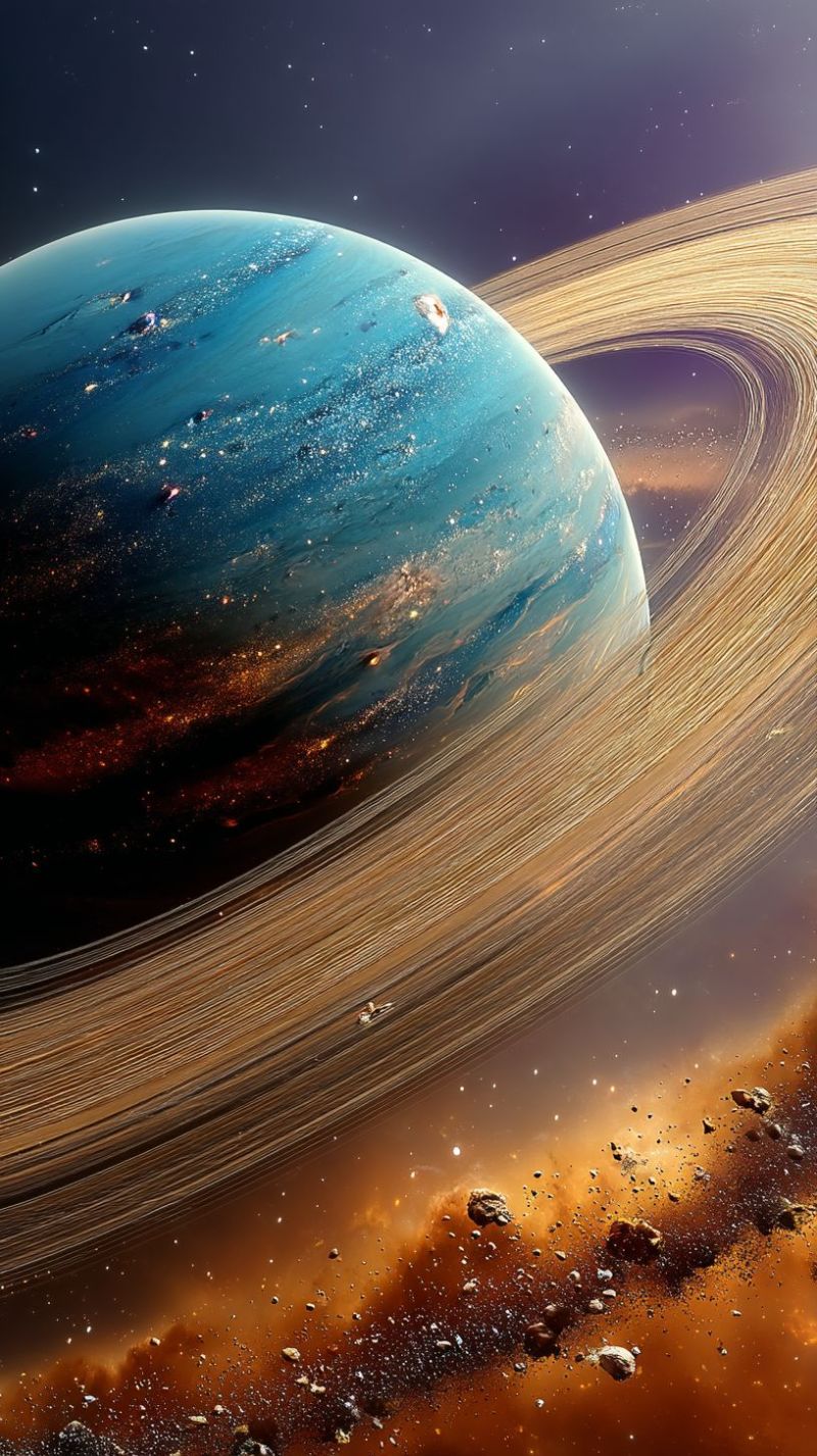 Planet space cosmos universe astronomy celestial star galaxy nebula astrophysics cosmic orbital satellite astronomical astrology astrophotography oute large, vibrant planet with a deep blue hue, surrounded by a series of intricate, golden rings. The planet's surface is dotted with various shades of blue and white, suggesting a dynamic atmosphere with swirling clouds. The rings are composed of numerous thin, parallel lines, creating a textured, almost woven appearance. The background is a deep, dark blue, dotted with faint, twinkling stars. Below the rings, there are scattered rocks and debris, adding to the sense of a chaotic, yet beautiful, celestial environment.