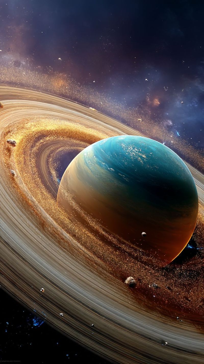 Planet space cosmos universe astronomy celestial galaxy star nebula cosmic astrophysics astronomical starry outer dust rays microwave stunning view of a large planet, possibly Saturn, with its iconic rings prominently displayed. The planet is a deep blue color, with swirling clouds and a yellowish hue around its equator. The rings are made up of countless small particles, some of which appear to be falling towards the planet. The background is a deep space filled with stars and other celestial bodies. The image is highly detailed, with a sense of depth and realism that makes it appear almost lifelike.