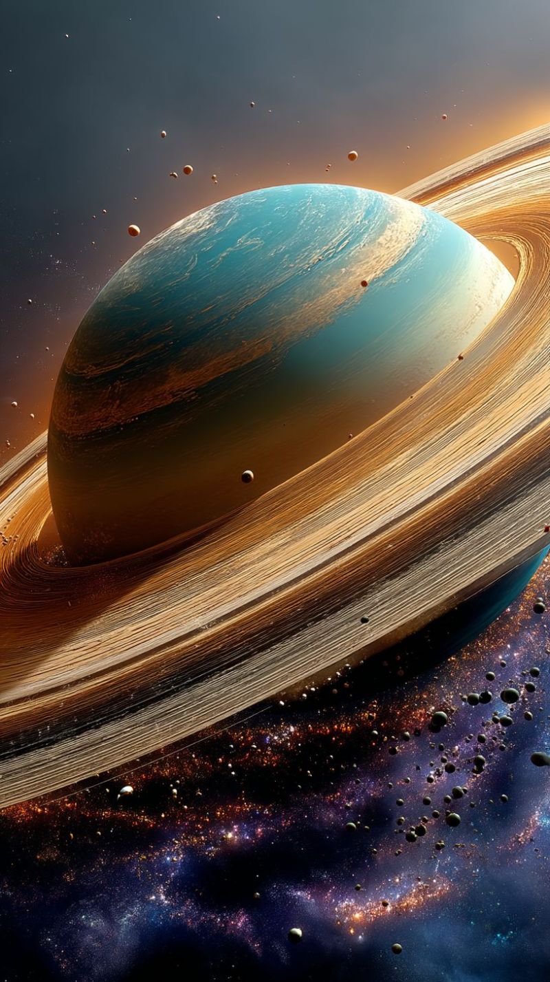Planet space cosmos universe astronomy celestial star galaxy nebula cosmic astrophysics astrophotography outer solar system stunning view of a large planet, likely Saturn, with its iconic rings prominently displayed. The planet is a deep blue color, with swirling clouds and a hint of orange near the equator. The rings are wide and intricate, with a golden hue and numerous smaller moons orbiting around them. The background is a dark, starry sky filled with distant stars and galaxies, adding to the sense of vastness and wonder. The overall scene is breathtaking and awe-inspiring, showcasing the beauty and majesty of the universe.