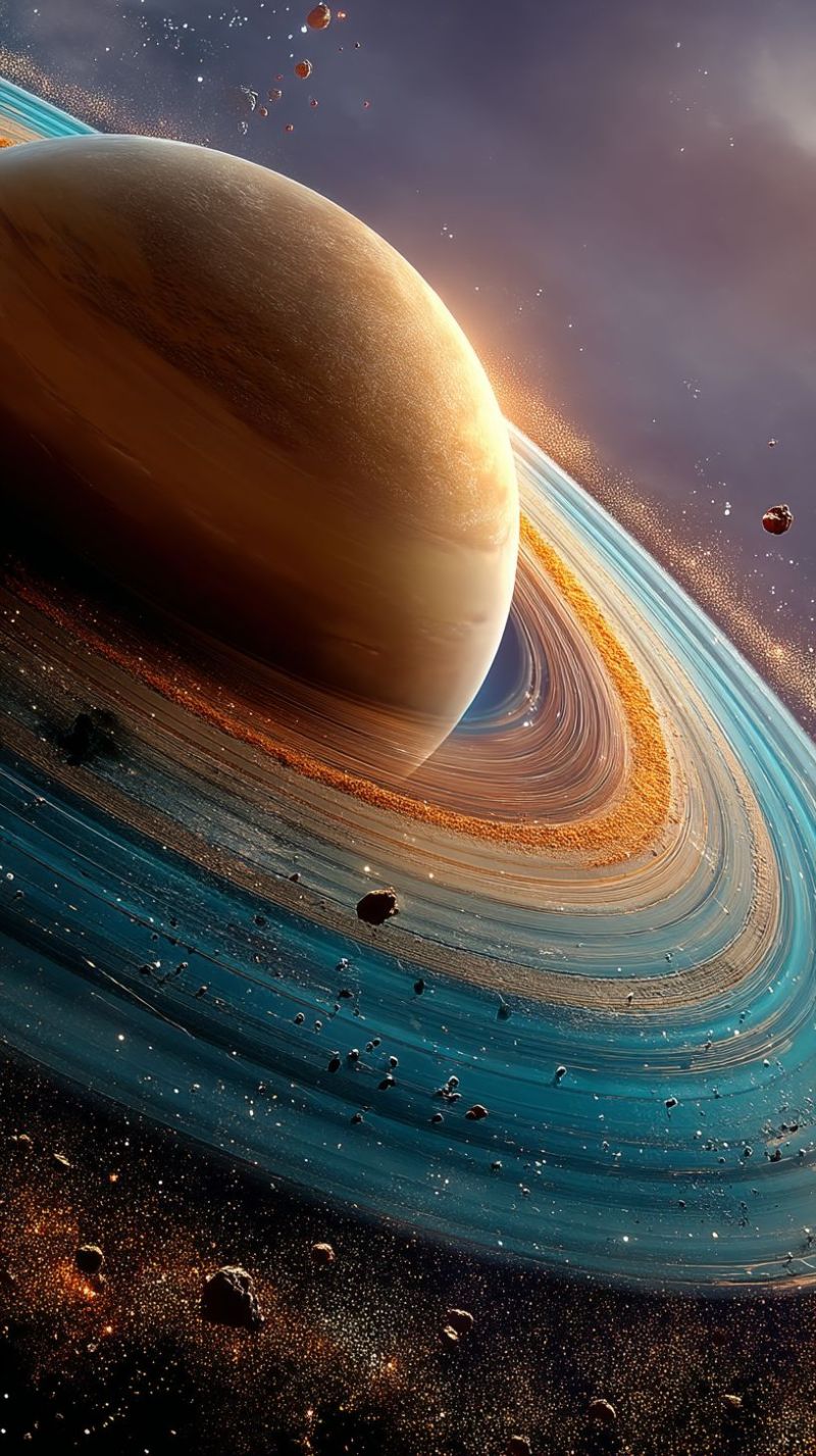 Planet space cosmos astronomy universe galaxy star nebula orbit celestial cosmic astrophysics astronomical astrology astrophotography outer solar syst stunning view of a gas giant planet, likely Saturn, with its iconic rings prominently displayed. The planet's surface is a mix of deep browns and yellows, with swirling patterns that suggest atmospheric activity. The rings are wide and layered, composed of ice and rock particles, and they appear to be illuminated by the planet's light, casting a soft glow. Surrounding the planet, there are numerous small celestial bodies, including asteroids and moons, scattered in the vastness of space. The background is a deep, dark blue, suggesting the infinite expanse of the universe.