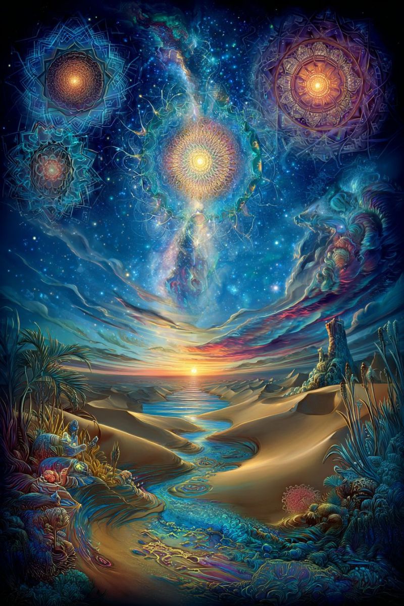 Painting fantasy desert water sky sun clouds stars flowers trees plants rocks sea ocean waves ripples reflection surreal landscape with a desert setting under a vibrant, multicolored sky. The sky is filled with intricate, circular patterns and glowing orbs, suggesting a cosmic or mystical theme. The desert is adorned with dunes and a winding river that flows through it, reflecting the colors of the sky. The river is surrounded by lush, vibrant vegetation, including palm trees and other exotic plants. The horizon line is marked by a setting sun, casting a warm, golden light across the scene. The overall atmosphere is one of wonder and tranquility, blending elements of nature, fantasy, and spirituality.
