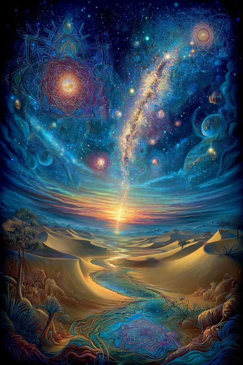 Desert sky galaxy space night star universe planet water sunset cloud painting fantasy imagination colorful pattern geometric surreal landscape with a desert scene below and a vibrant, cosmic sky above. The sky is filled with swirling patterns of blues, purples, and yellows, resembling a galaxy. There are intricate, mandala-like designs scattered throughout, along with floating spheres and celestial bodies. The Milky Way stretches across the sky, glowing with a gradient of colors from yellow to blue. Below, the desert is depicted with large, golden sand dunes and a winding river that reflects the sky's colors. There are sparse, stylized trees and plants, adding to the otherworldly feel. The overall scene combines elements of nature, space, and abstract art.