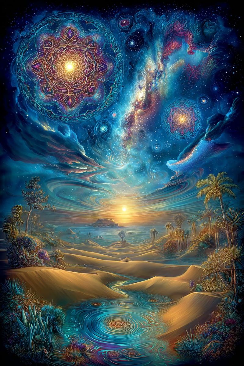 Painting desert water sky sun clouds stars galaxy flower flowers trees beach ocean waves ripples reflection palm surreal landscape with a vibrant sky filled with swirling galaxies and celestial bodies. In the foreground, there is a serene desert scene with golden sand dunes and a small, tranquil body of water. The water reflects the sky's colors, creating a mirror-like effect. Palm trees and various desert plants are scattered around the water. The sky transitions from a deep blue to a warm orange as it approaches the horizon, where the sun is setting. The overall scene is rich in color and detail, blending elements of nature with cosmic imagery.