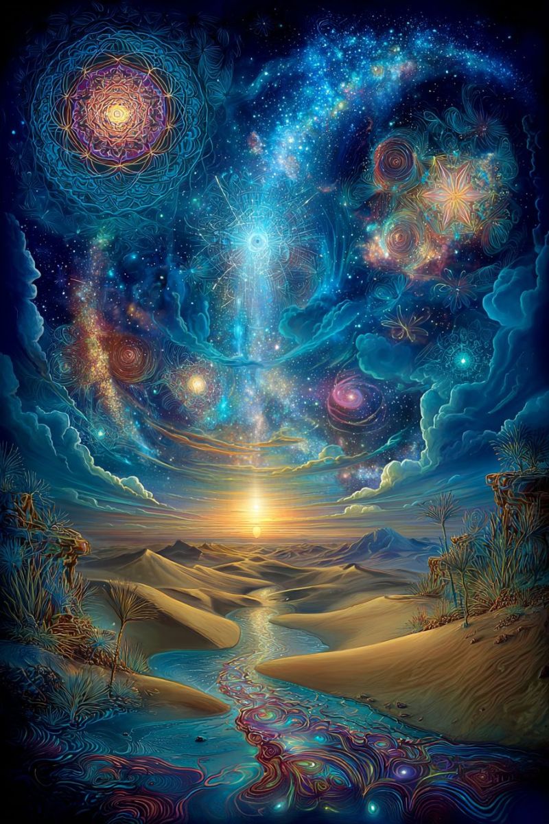 Desert ciel eau soleil nuages etoiles galaxie fleurs papillons arbres montagnes sable riviere nuit espace univers imagination Paysage surréaliste avec une scène désertique en dessous et un ciel cosmique vibrant au-dessus. Le ciel est rempli de galaxies tourbillonnantes, d'étoiles et de nébuleuses dans des nuances de bleu, de violet et d'or. Une lumière centrale et brillante, peut-être un soleil ou une étoile, illumine la scène. Le désert en dessous présente des dunes, une végétation clairsemée et un fleuve sinueux qui reflète les couleurs du ciel. Le fleuve a une qualité mystique, presque magique, avec des motifs tourbillonnants et des couleurs vibrantes. L'atmosphère générale est onirique et irréelle, mêlant des éléments de la nature et du cosmos.