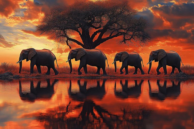 Elephants wildlife sunset nature safari reflection tree clouds grass herd mammals animals conservation outdoors sanctuary A group of elephants is walking in a line through a grassy area near a water body. The elephants are large, gray, and have long trunks. Their shadows are reflected on the water's surface, which is calm and reflects the vibrant orange and pink hues of the sunset. Behind the elephants, there is a large tree with a thick trunk and branches that stretch out. The sky is filled with dramatic clouds, painted in shades of orange, pink, and blue, creating a stunning  for the scene.