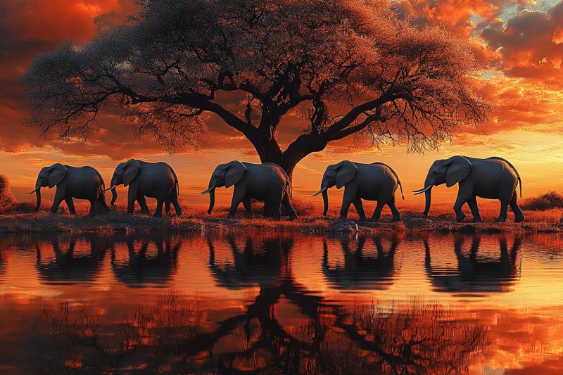Elephants wildlife sunset nature safari reflection water tree herd grass sky clouds dusk evening outdoors mammal animal conservation A group of elephants walks in a line under a large tree, their shadows reflected on the water's surface. The sky is painted in warm hues of orange and pink, indicating either sunrise or sunset. The elephants are gray with large ears and long trunks. The water is calm, mirroring the elephants and the sky's colors. The tree's branches stretch out, casting a shadow over the elephants and the water.