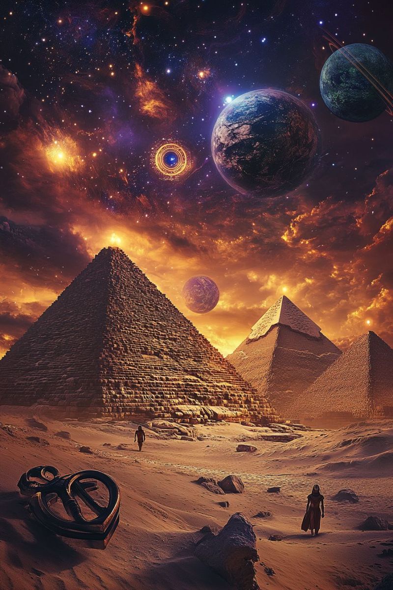 Pyramid desert space planet sky universe star astronomy cosmos galaxy nebula celestial cosmic astrophysics astrology outer starry night exploration In a desert landscape, two pyramids stand prominently, one larger and one smaller, both with a golden hue. The sky above is a deep orange, transitioning to a dark blue, filled with stars and celestial bodies. A large planet with visible rings orbits in the distance, accompanied by other planets and moons. A person in a flowing robe walks towards the pyramids, while another person stands near a large, ornate key lying on the sand. The scene is set under a dramatic, otherworldly sky.