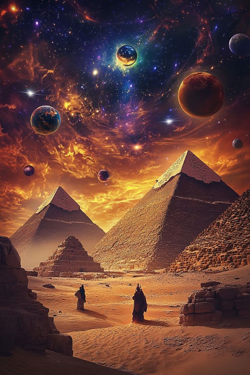 Pyramids desert ancient egypt space planets stars astronomy cosmos universe celestial galaxy nebula cosmic astrophysics night sky outer exploration In a desert landscape, three pyramids are prominently featured, with the largest one in the center. The sky above is a vivid mix of orange and purple hues, dotted with stars and planets. Two figures, dressed in ancient attire, are walking towards the pyramids. The ground is sandy, and the shadows of the pyramids stretch across the desert. The scene is set against a  of a galaxy with swirling nebulae and celestial bodies.