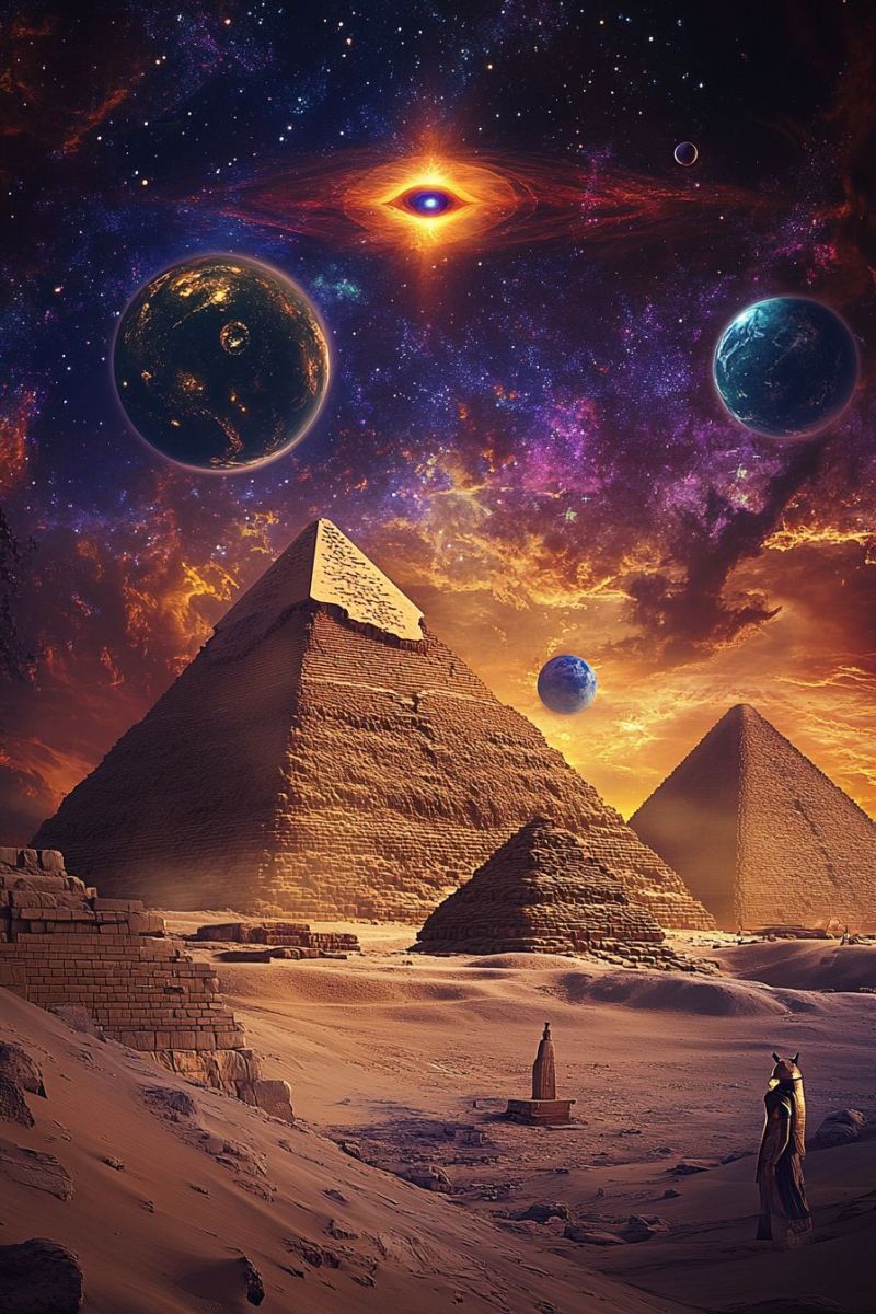 Pyramid desert ancient egypt space planet sky universe astronomy cosmos star galaxy architecture history civilization culture travel exploration imagi In the foreground, there are two large pyramids made of stone, with a smaller pyramid in between them. The pyramids are surrounded by a desert landscape with sand dunes. In the distance, there is a small structure monument or a statue. The sky is filled with stars and planets, including a large planet with a ring around it. The sky also features a large, glowing eye-like structure black hole. The overall scene is surreal and otherworldly.