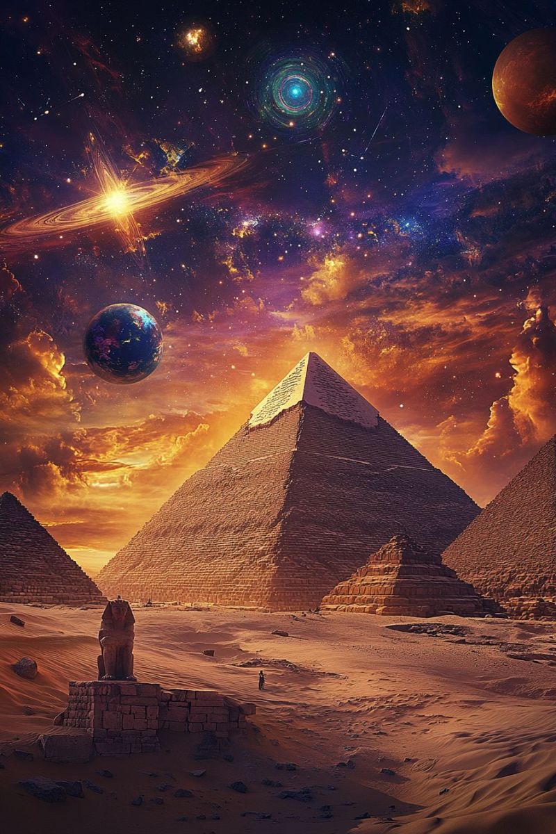 Pyramid desert sky space planet universe astronomy star galaxy cosmos celestial cosmic nebula astrophysics astrology outer night starry In the foreground, a desert landscape features a large, ancient pyramid with a smaller pyramid to its left and a smaller, stepped pyramid to its right. A sphinx statue sits in front of the larger pyramid. The sky is a vibrant mix of orange and purple hues, with a setting sun casting a warm glow over the scene. In the sky, there are celestial bodies including a bright, glowing planet, a large, glowing galaxy, and a distant, reddish planet. The galaxy is surrounded by stars and has a swirling, blue-green center.
