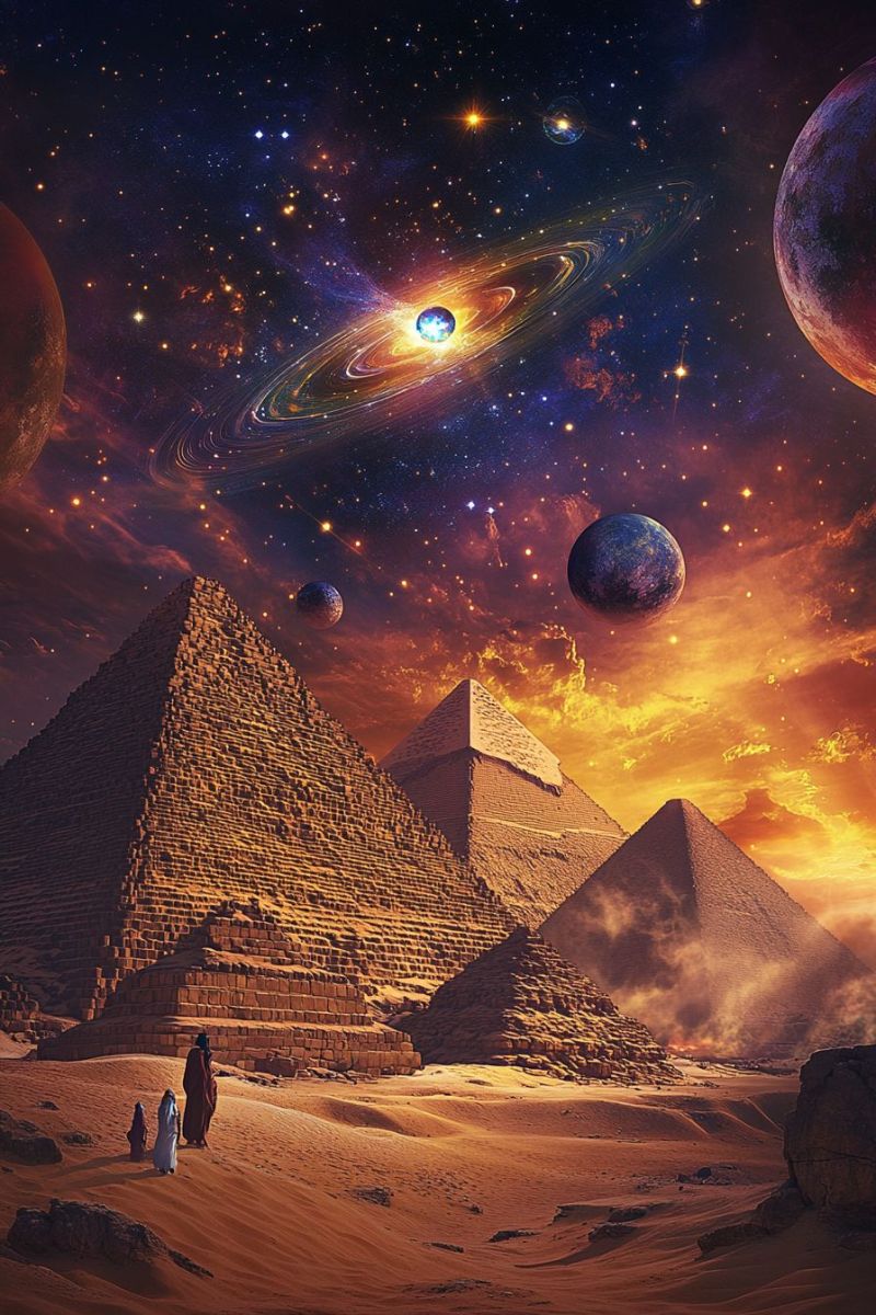 Pyramids desert ancient architecture astronomy cosmos earth egypt exploration galaxy history mars moon nebula night planets science space stars In a desert landscape, three pyramids are prominently featured, with the largest one in the center. The sky above is a vibrant mix of orange and blue hues, dotted with stars and planets. A ringed planet and a bright blue planet are visible, along with other celestial bodies. Two people, one wearing a white robe and the other in a dark robe, are walking in the foreground, casting shadows on the sandy ground. The scene is set under a dramatic, otherworldly sky.