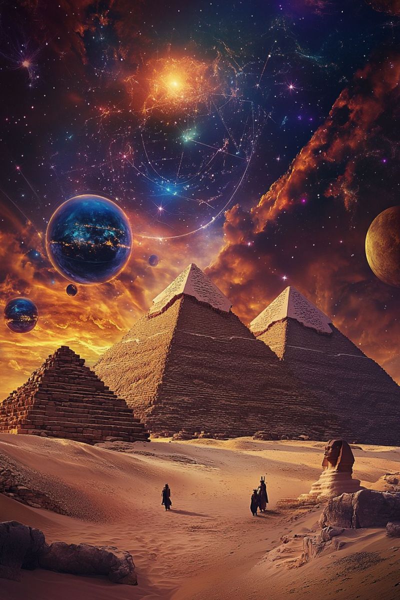 Pyramid desert ancient egypt sky space planet universe star night astronomy cosmos galaxy nebula starry celestial astronomical cosmic outer In the foreground, a desert landscape features a Sphinx statue on the right side. Two people are walking in the sand, one carrying a child. Behind them, three pyramids are visible, with the largest one in the center. The sky is a vibrant mix of orange and purple hues, filled with stars and planets. A large blue planet with a glowing effect is prominently displayed, along with other celestial bodies. The scene combines elements of ancient Egypt with a futuristic, cosmic .