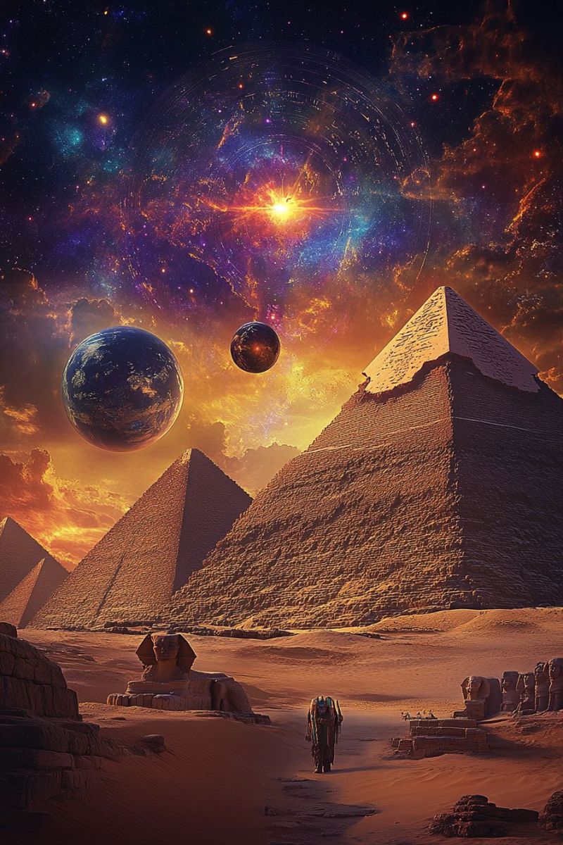 Pyramid desert ancient egypt sphinx sky space planet universe star astronomy cosmic galaxy nebula cosmos celestial astrophysics outer In the foreground, a person dressed in traditional attire walks through the desert, heading towards a large pyramid. The pyramid is surrounded by smaller pyramids and ancient statues. The sky is a dramatic mix of orange and purple hues, with a setting sun casting long shadows. Above the pyramids, two celestial bodies float in the sky: one resembling Earth and the other a smaller, darker planet. The background features a vibrant, swirling galaxy with stars and nebulae, adding a mystical and otherworldly atmosphere to the scene.