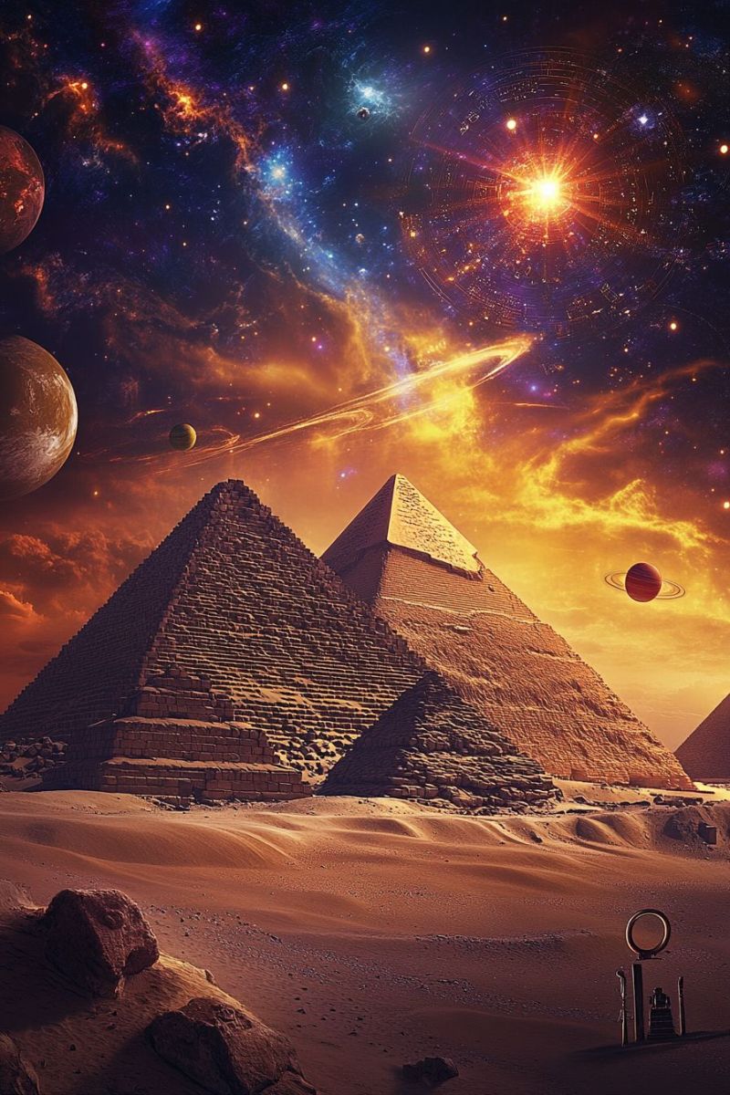 Pyramid desert ancient architecture sky space planet astronomy universe cosmos star galaxy nebula sun rock sand dust shadow In the foreground, two large pyramids stand in a desert landscape, their stone blocks weathered by time. The sky above is a dramatic blend of orange and purple hues, transitioning from a sunset to a night sky. Scattered across the sky are celestial bodies: planets, moons, and stars, with a prominent, glowing sun at the center. The sun's rays cast a warm light over the pyramids, highlighting their triangular shapes. In the distance, a ring-like structure, possibly a gateway or an ancient artifact, is partially obscured by the desert sands. The scene is a blend of ancient architecture and cosmic elements, creating a mystical and timeless atmosphere.