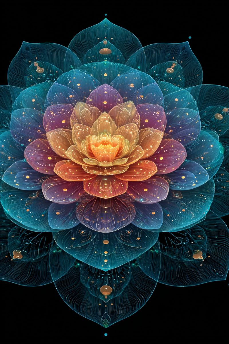 Flower colorful design pattern texture nature floral geometric symmetry modern chic A vibrant, abstract flower illustration features multiple layers of petals in shades of blue, purple, and orange. The petals are translucent, with intricate patterns and sparkling dots that resemble dew or tiny stars. The center of the flower is a bright, warm orange with a golden hue, surrounded by a ring of lighter orange petals. The background is dark, enhancing the flower's vivid colors. The overall design is dynamic and fluid, with a sense of movement and depth.
