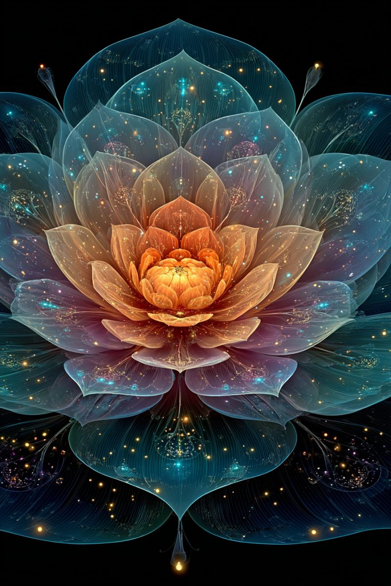Flower beautiful blue bright colorful design flowers fractal glow glowing golden orange petals Une fleur abstraite et vibrante avec un coeur orange central entouré de couches de pétales translucides aux nuances de bleu, violet et rose. Les pétales sont finement détaillés, avec une texture délicate, presque vitreuse. La fleur est placée sur un fond sombre, avec des particules de lumière dispersées et quelques points lumineux qui ajoutent à son apparence éthérée. L'effet global est celui d'une floraison surréaliste et d'un autre monde