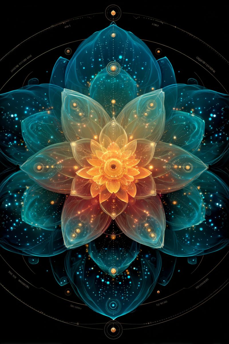 Flower design colorful geometric pattern space universe cosmos star galaxy nebula celestial astronomy science fantasy large, intricate flower at its center, surrounded by a circular pattern. The flower is composed of multiple layers of translucent petals, with the innermost layer being a vibrant orange and yellow, radiating outwards into layers of blue, green, and white. Each petal is adorned with small, glowing dots that resemble stars, adding a celestial touch to the design. The background is dark, enhancing the luminous quality of the flower and its petals. The outer circle of the image is marked with various symbols and text, possibly representing different elements or concepts. The overall effect is one of a mystical and otherworldly flower, glowing with an inner light against a dark backdrop.