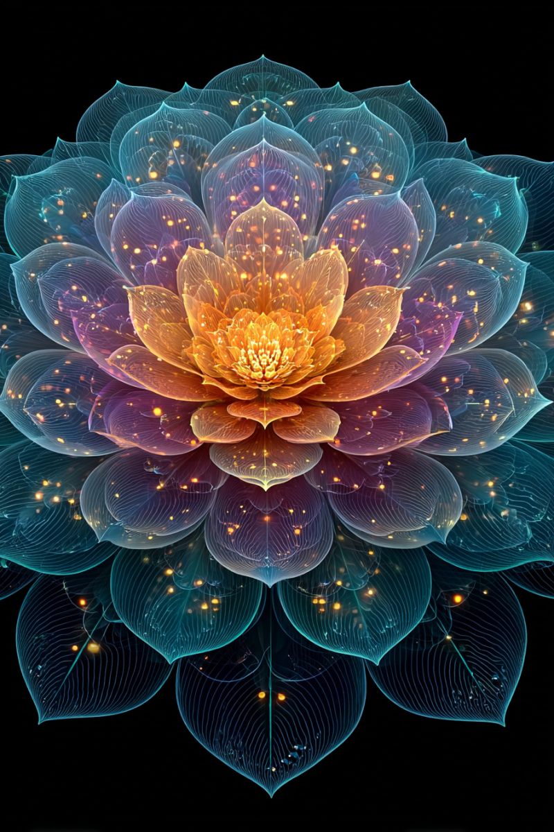 Fleur magnifique epanouissement botanique floral fleurs fractal geometrique nature petales texture Une fleur abstraite et vibrante avec un coeur orange central entouré de couches de pétales bleus et violets translucides. Les pétales sont finement détaillés avec un réseau de lignes délicates et parsemés de petites lumières jaunes et oranges qui brillent. La fleur semble flotter sur un fond sombre, avec un léger éclat et un sentiment de profondeur, comme si elle était faite d'un matériau translucide. L'effet global est à la fois futuriste et organique, mélangeant des éléments de la nature avec l'art numérique.