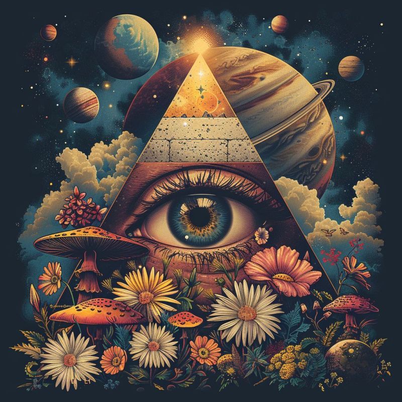 Theorie conspiration societe secrete connaissance ancienne illuminati fraternite maconnique erosythier conscience cosmique mystere mythologie psychede L'image présente une oeuvre d'art vibrante et intricate, qui paraît être une illustration numérique. Au centre de la composition, un oeil est entouré par des éléments floraux variés, notamment des marguerites et ce que semble être une champignonne. Les autres éléments qui l'entourent ajoutent à la thèse mystique ou psychedélique du tableau, comme un pyramide avec une yeux omniscient sur son sommet, un planète avec des anneaux ressemblant à Saturne et un disque solaire avec des rayons s'étendant à l'extérieur. Le fond est rempli de corps célestes tels que des planètes et des étoiles, ce qui crée une sensation de profondeur cosmique. Il y a également divers arrangements florales et une petite structure du château. Sur le côté gauche de l'image, il y a une représentation d'une champignonne et de quelques fleurs, tandis que sur le côté droit, il y a une illustration d'un oeil avec un modèle circulaire autour de lui, ce qui pourrait suggérer un médaille ou un emblème. Le style général de l'oeuvre d'art est détaillé et fantastique, riche en symboles qui pourraient suggérer des thèmes de lumière éclairant, nature et peut-être la notion de regarder plus profondément dans soi-même ou dans le monde.