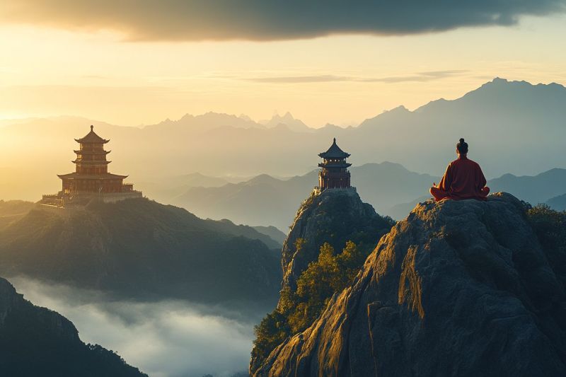 Meditation zen buddhism temple mountain sunrise sunset mountainous serenity monastery nature eastern spirituality dramatic scene with a large ship sailing on rough seas at sunset. The sky is painted with hues of orange and yellow, suggesting the setting or rising sun, while dark clouds loom in the background. The moon is visible in the top right corner, adding to the moody atmosphere. On the ship, there appears to be a person standing near the bow, looking towards the horizon where the sun is either rising or setting. There's also a sail with frayed edges, suggesting it might be worn or damaged. The image has a fantasy or mythical feel due to the dramatic lighting and the presence of the moon.