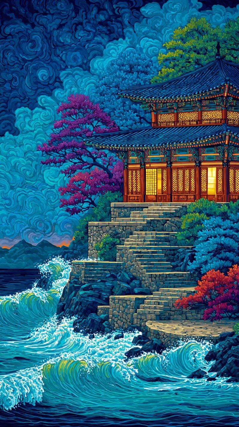 Maison architecture batiment eau ocean vagues mer falaise rochers arbres plantes montagnes ciel nuages nuit lampe fenetre porte La peinture représente une scène côtière sereine avec un bâtiment asiatique traditionnel perché sur une falaise surplombant l'océan. Le bâtiment a un toit bleu avec des motifs en bois complexes et est entouré d'une végétation luxuriante, y compris un arbre aux feuilles violettes vibrantes et un arbre aux feuilles rouges vives. La falaise est faite de pierre et mène aux vagues déferlantes de l'océan, qui sont représentées dans des nuances de bleu et de vert. Le ciel au-dessus est rempli de nuages tourbillonnants dans des nuances de bleu et de violet, créant une atmosphère dramatique et paisible.
