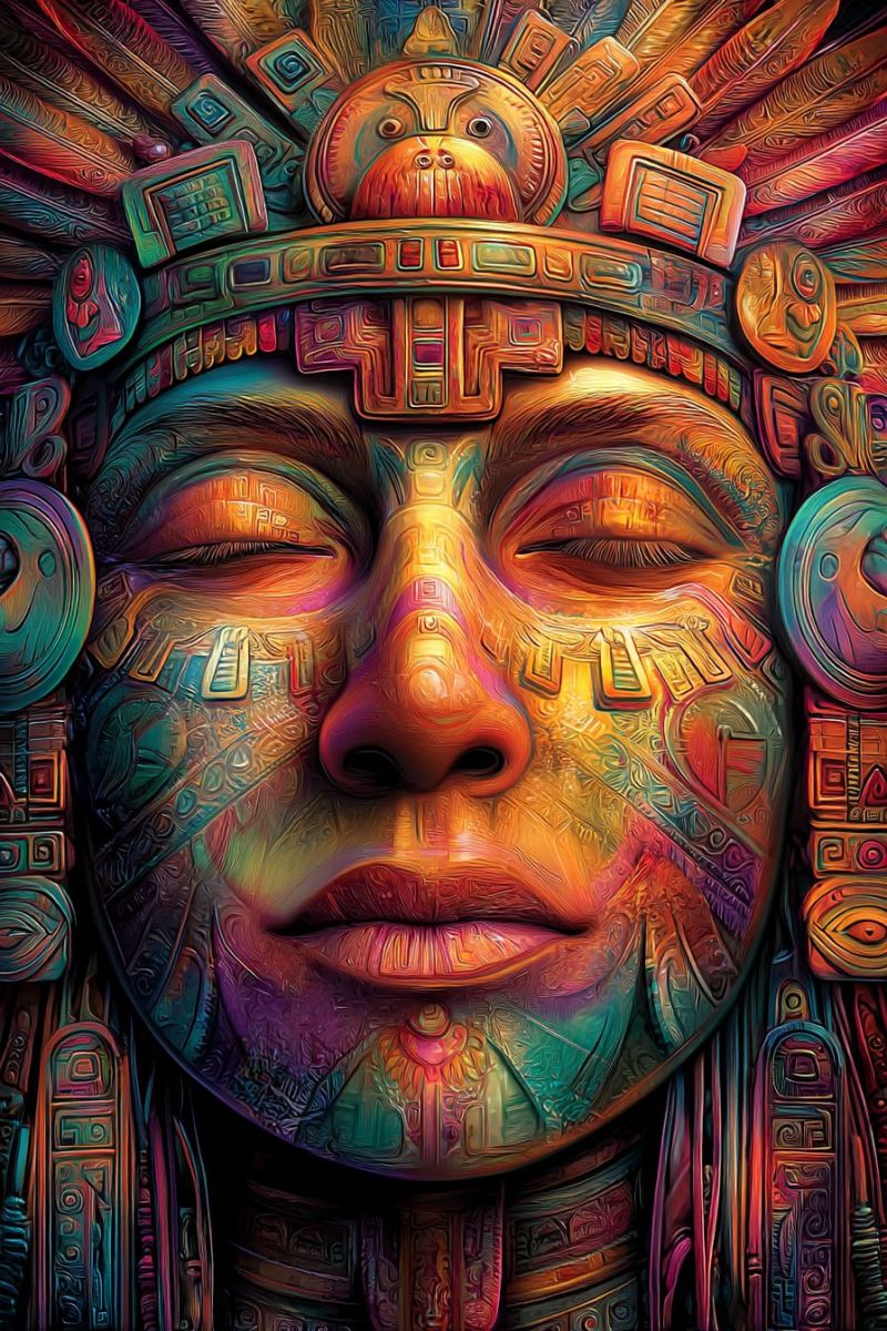 Colorful headdress feathers ancient culture symbols design pattern eye nose lips hair expression sleeping dream imagination fantasy close-up of a face adorned with vibrant, intricate designs. The face is painted in a mix of yellow, green, red, and blue hues, with geometric patterns covering the cheeks, forehead, and chin. The eyes are closed, and the lips are slightly parted, giving a serene expression. The hair is styled in a way that resembles a headdress, with feathers and decorative elements that add to the overall regal appearance. The background is a blend of dark and light colors, enhancing the contrast of the face. The overall style is reminiscent of ancient tribal art, with a modern twist.