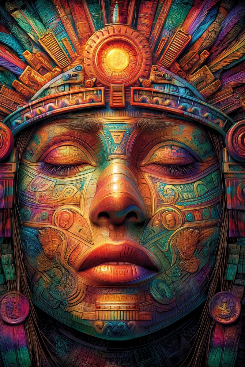 Colorful pattern design paint painting drawing vibrant and intricate face design, possibly inspired by ancient Mesoamerican art. The face is adorned with a headdress that includes feathers and geometric patterns. The eyes are closed, and the face is painted with a mix of warm and cool colors, including reds, oranges, yellows, greens, blues, and purples. The nose is prominent and detailed, with a central line that adds depth. The lips are full and painted in a deep red. The background is a mix of geometric shapes and patterns, possibly representing a temple or a sacred space. The overall effect is one of rich cultural heritage and artistic expression.