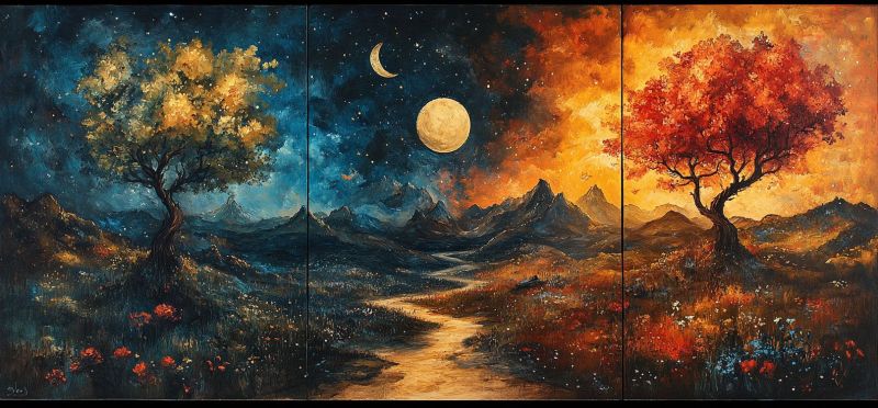 Triptych about destiny beautiful fantastical painti accurate picture amazing demonstrating the mischiefs wild of human activities on la triptych about destiny beautiful fantastical painti