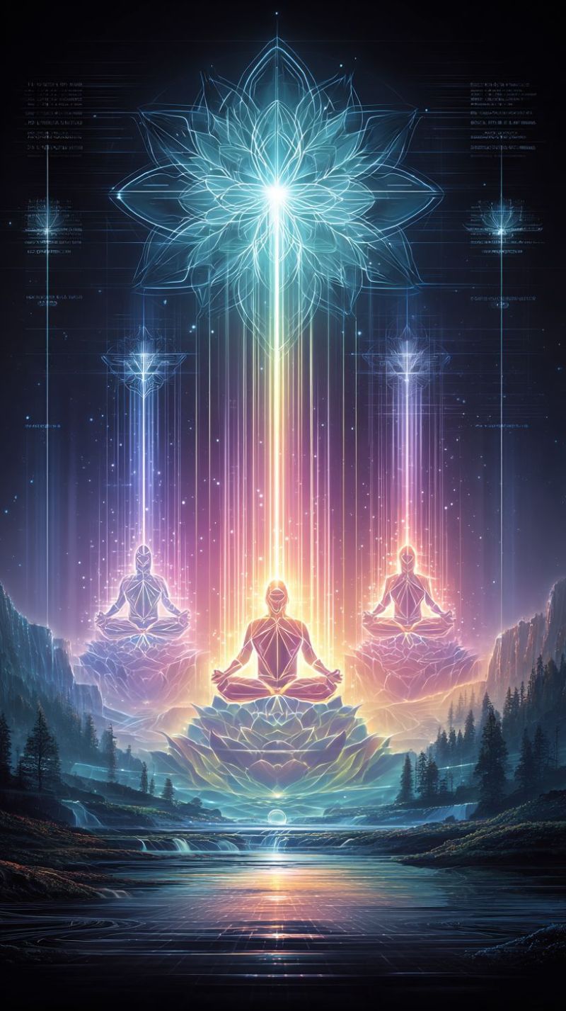 Meditation yoga spiritualite illumination zen conscience chakra aura energie harmonie equilibre paix tranquillite nature cascade montagnes foret geome Dans un cadre serein et mystique, trois figures sont assises en position de lotus sur de grandes fleurs de lotus lumineuses. Chaque figure est entourée d'un rayon de lumière vibrant et multicolore qui s'élève du sol jusqu'au ciel. La figure centrale est illuminée par une lumière blanche brillante, tandis que les figures sur les côtés sont baignées de couleurs pastel plus douces. L'arrière-plan présente un ciel sombre et étoilé avec une grande structure lumineuse en forme de fleur au sommet. La scène se déroule sur fond de montagnes et d'une rivière qui coule, créant une atmosphère tranquille et surnaturelle.