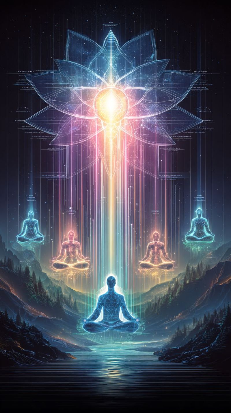 Meditation yoga spiritualite zen conscience paix harmonie equilibre tranquillite montagnes eau etoiles interieur lotus position sacre geometrie formes Fleur de lotus centrale, éclatante, avec plusieurs couches de pétales, irradiant un spectre de couleurs allant du bleu au jaune à son coeur. Autour de cette fleur se trouvent quatre figures humaines en poses méditatives, chacune éclatant de couleurs différentes. Les figures sont assises en position de lotus, les mains posées sur les genoux. Le fond est un ciel sombre et étoilé avec des lignes verticales qui ressemblent à une grille ou à une interface numérique. Sous les figures, il y a un corps d'eau serein, reflétant la lumière de la fleur de lotus. La scène dans son ensemble a une atmosphère mystique et spirituelle