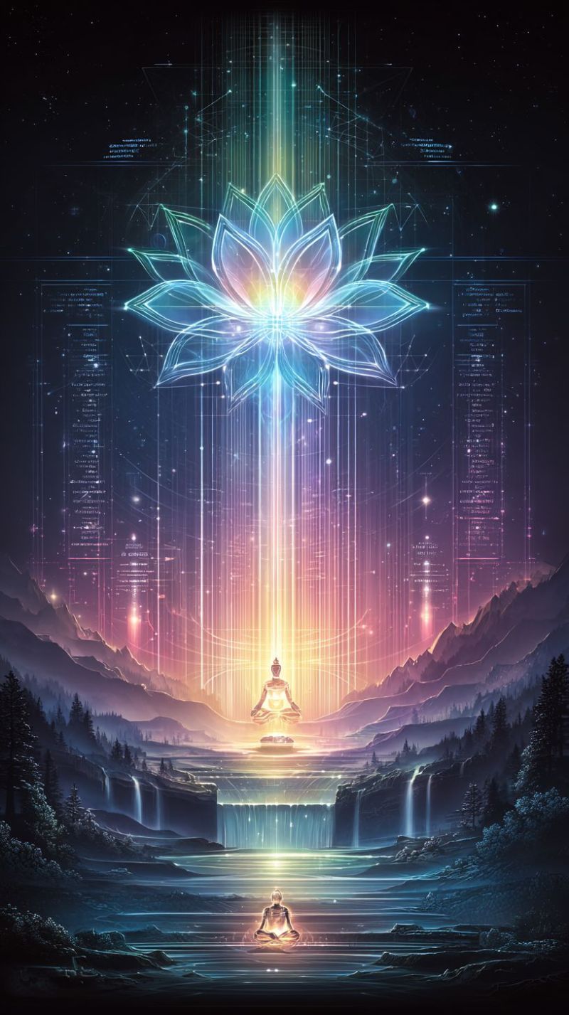 Meditation buddha waterfall mountain flower sky night city trees river forest fantasy spirituality zen peace harmony In the center of the image, there is a large, glowing lotus flower with intricate, translucent petals. The flower is surrounded by a radiant, multicolored light that seems to emanate from it. Below the lotus, there is a serene figure in a meditative pose, sitting on a small platform. The figure is surrounded by a soft, glowing aura. The background features a mountainous landscape with a waterfall cascading down from the mountains. The sky is dark, with stars and a faint, glowing grid pattern. The overall atmosphere is mystical and peaceful.
