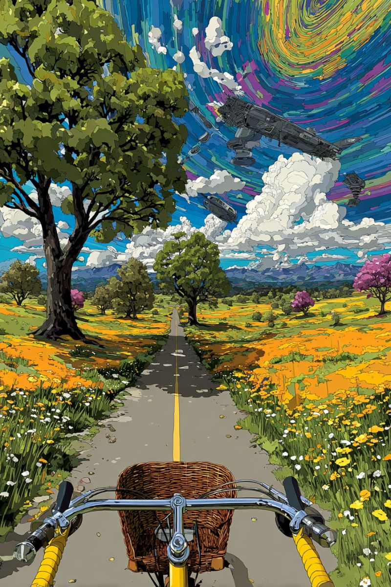 Bicyclette panier route fleurs arbres ciel nuages montagnes vaisseau spatial galaxie nature fantaisie imagination reve vision science fiction Route de campagne sereine entourée de fleurs jaunes vibrantes et d'arbres verts luxuriants. La route est vide, avec un vélo positionné au centre, muni d'un panier brun attaché à l'avant. Le ciel au-dessus est un mélange saisissant de teintes bleues et violettes, avec une grande galaxie en spirale colorée affichée de manière proéminente. En arrière-plan, il y a des arbres et des montagnes supplémentaires, ajoutant de la profondeur au paysage. La scène globale combine des éléments de la nature avec une touche de fantaisie, créant une atmosphère paisible mais imaginative.