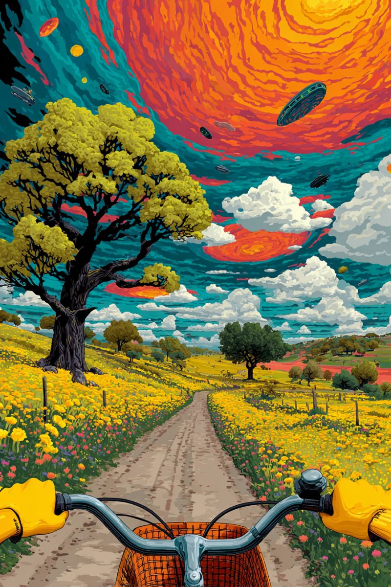 Bicycle panier guidon gants route fleurs arbres ciel nuages ovnis soleil orange bleu jaune vert rouge Scène vibrante d'une balade à vélo à travers un paysage coloré. Au premier plan, on voit un vélo avec un panier, et les poignées sont tenues par des mains portant des gants jaunes. Le vélo est sur un chemin de terre qui serpente à travers un champ de fleurs jaunes éclatantes. Le ciel au-dessus est un mélange saisissant de teintes orange et bleues, avec un grand soleil ardent et plusieurs soucoupes volantes éparpillées dans le ciel. L'arrière-plan présente un grand arbre feuillu aux feuilles jaunes, ajoutant à l'atmosphère surréaliste et fantastique de la scène.