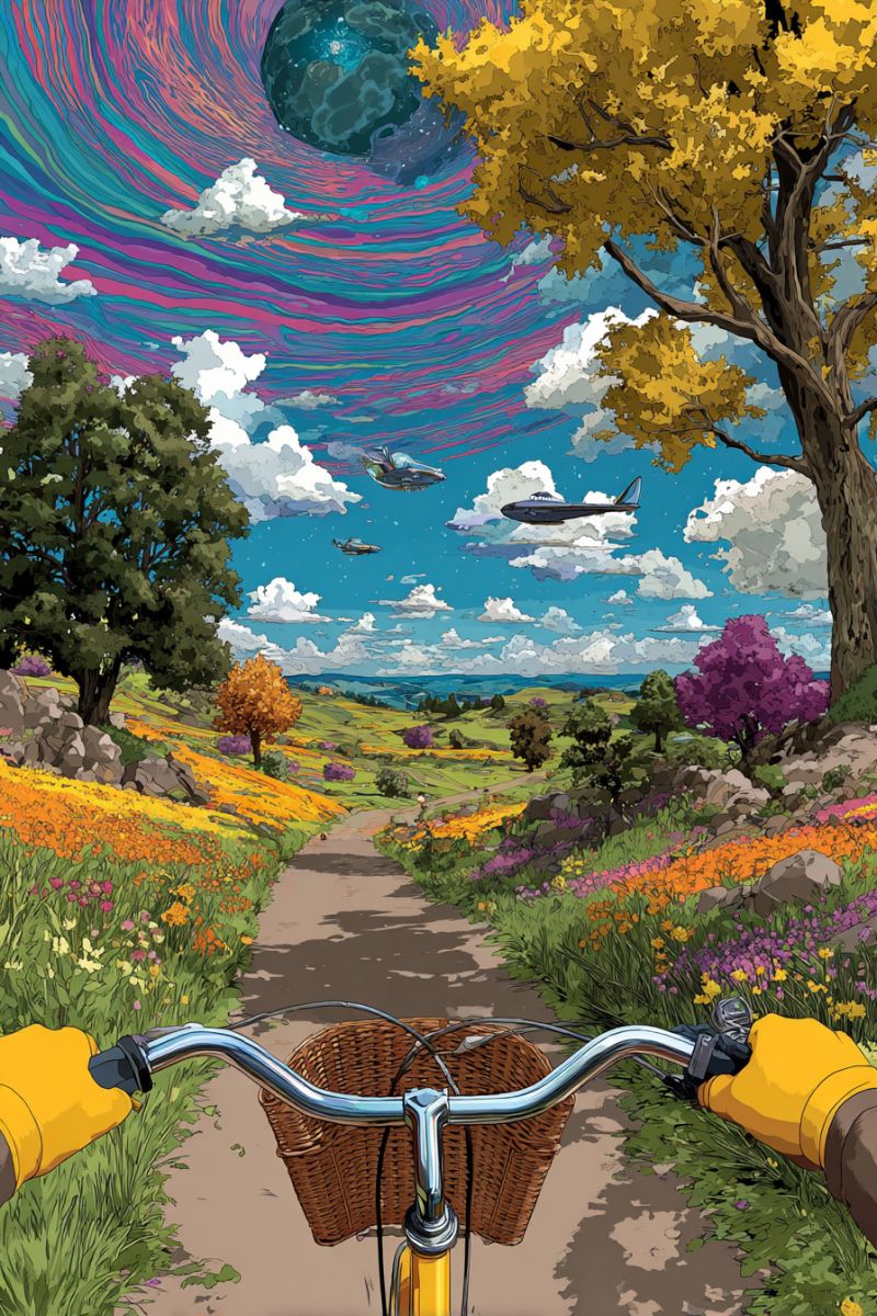 Bicycle basket handlebars gloves flowers trees hills sky clouds planet spaceships mountains rocks grass path painting vibrant, surreal landscape viewed from the perspective of a person riding a bicycle. The path is flanked by a colorful array of flowers in various shades of yellow, orange, and purple. Trees with autumnal yellow leaves and a tree with striking purple foliage line the path. In the background, there is a serene countryside with rolling hills and a distant sea. The sky is a blend of blues and purples, with a large, swirling planet visible, adding a fantastical element to the scene. Two flying saucers are seen in the sky, one closer to the foreground and another further back, contributing to the otherworldly atmosphere.