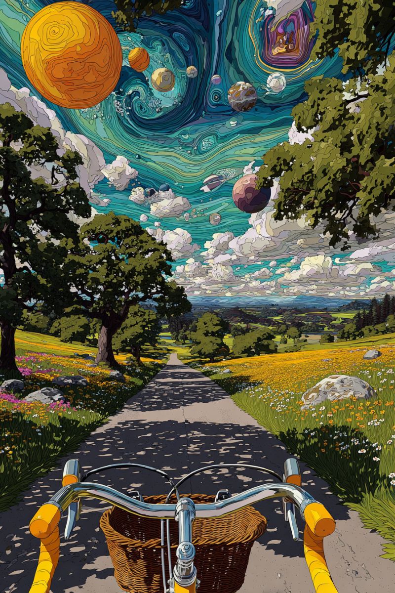 Bicycle basket road trees flowers hills sky planets clouds sun space nature fantasy science astronomy imagination exploration serene countryside road with a bicycle in the foreground. The bicycle has a wicker basket attached to the front. The road is flanked by lush, vibrant green fields filled with wildflowers, and there are trees on either side. The sky above is a fantastical blend of swirling blues, greens, and purples, with planets and stars floating whimsically. The planets are depicted in various sizes and colors, adding a surreal touch to the otherwise idyllic landscape. The overall scene combines elements of nature with a touch of cosmic wonder.
