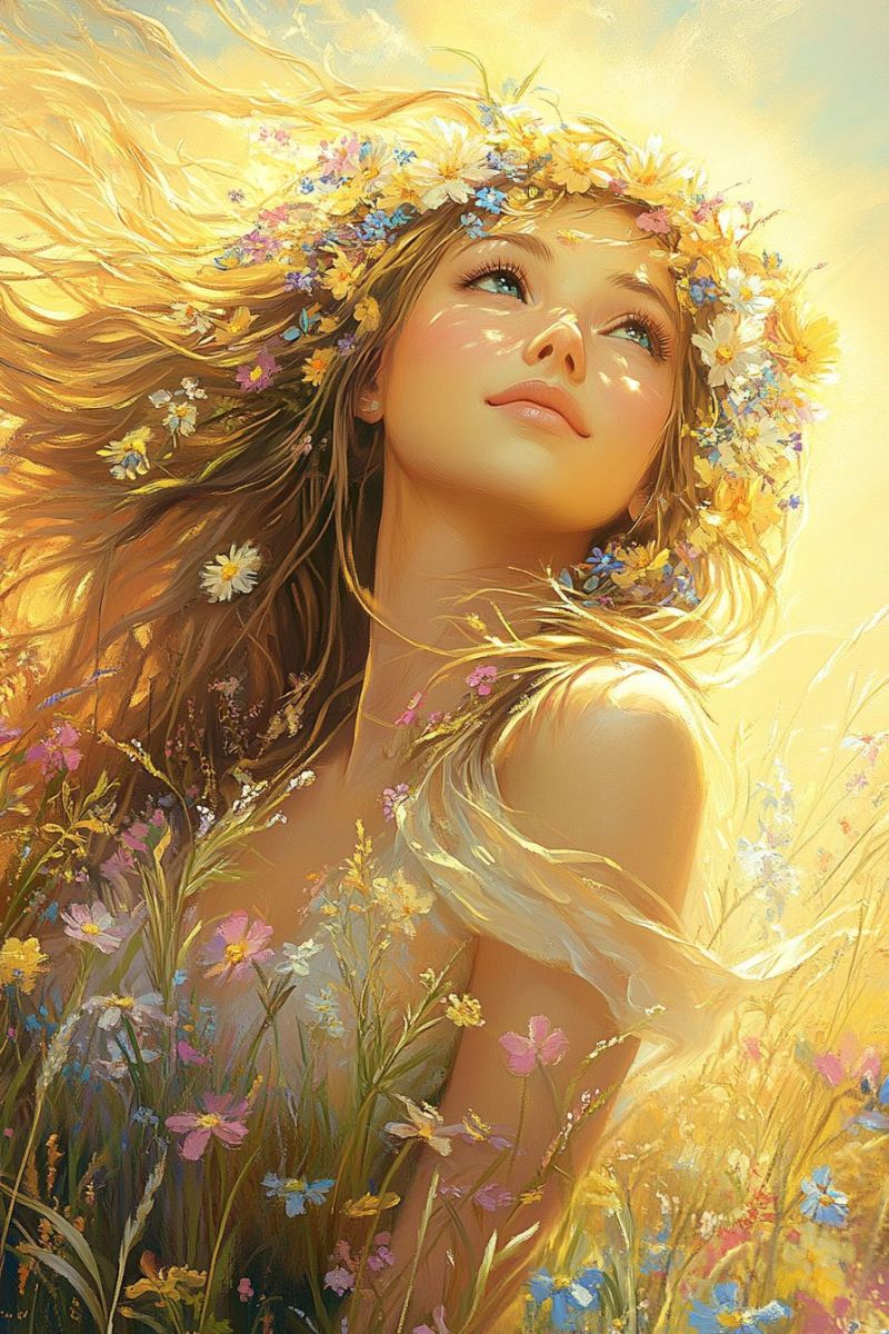 Painting woman flowers beauty hair head headband headpiece headwear human oil In a vibrant field of tall, golden grass, a woman stands with her hair flowing freely, adorned with a crown of various flowers. Her hair is a rich, golden color, and she wears a delicate, flowing garment that complements the natural setting. Her face is serene, with closed eyes and a gentle smile, illuminated by the warm, golden light of the sun. The flowers in her hair and around her are a mix of yellow, pink, and blue, adding a splash of color to the scene. The background is a soft, golden hue, suggesting a sunny day.