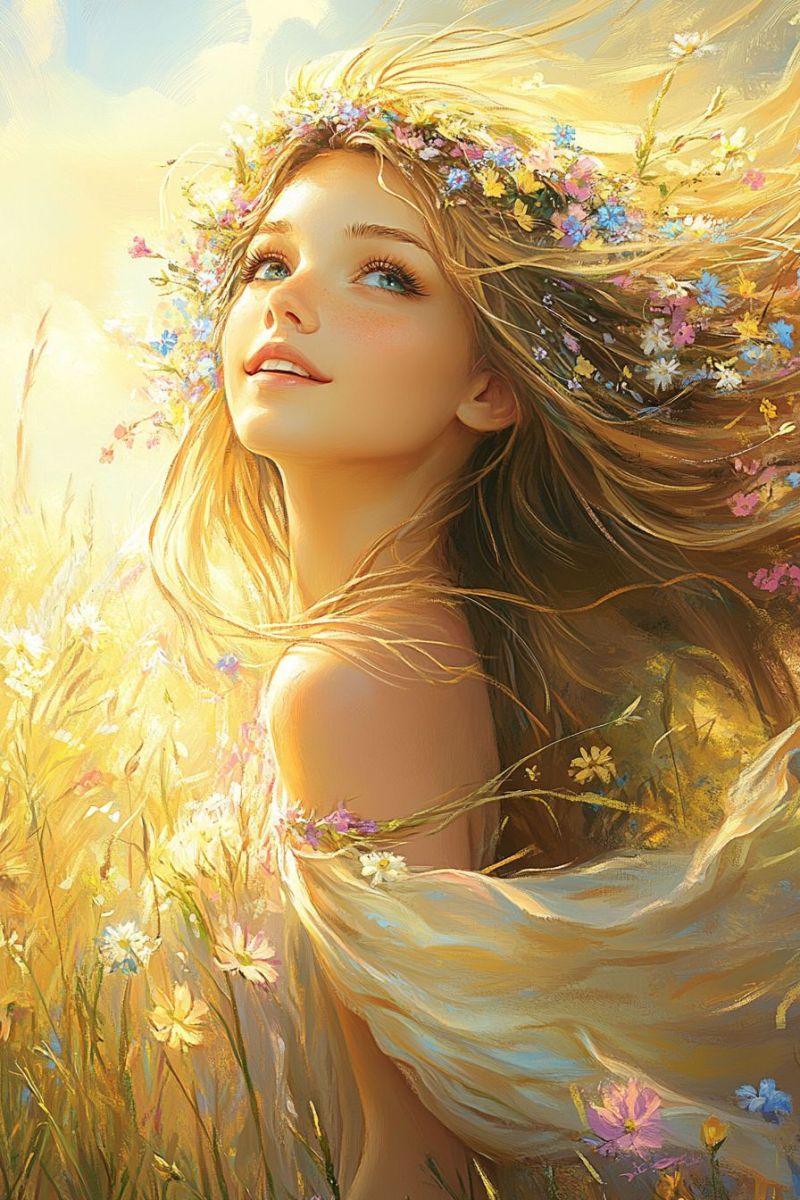 Painting woman flowers hair field grass sky sunlight beauty nature floral expression gaze emotion colorful imagination fantasy In a sunlit field, a woman with long, flowing blonde hair stands gracefully. Her hair is adorned with a wreath of colorful flowers, including pink, blue, and yellow blossoms. She wears a flowing white dress that catches the light, and her hair and dress billow gently as if caught in a breeze. Her face is serene, with a gentle smile and her eyes closed, as if in peaceful contemplation. The background is a vibrant meadow filled with tall grasses and more wildflowers, creating a harmonious and idyllic scene.