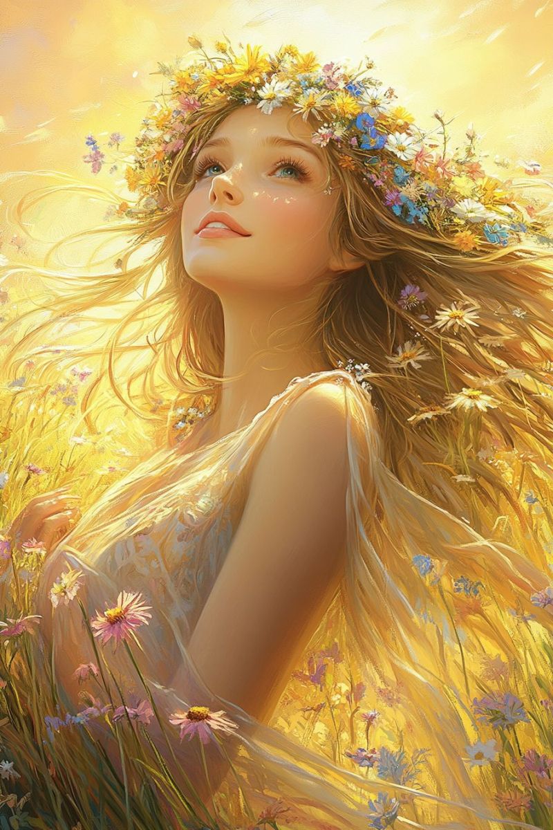 Painting woman flowers beauty girl hair head headband headpiece headwear human nature A woman with long, flowing blonde hair stands in a field of vibrant yellow flowers. She wears a delicate white dress adorned with flowers, including a crown of colorful blossoms on her head. Her eyes are closed, and she appears to be in a serene, contemplative pose. The background is a warm, golden hue, and the light casts a soft glow on her and the flowers around her.