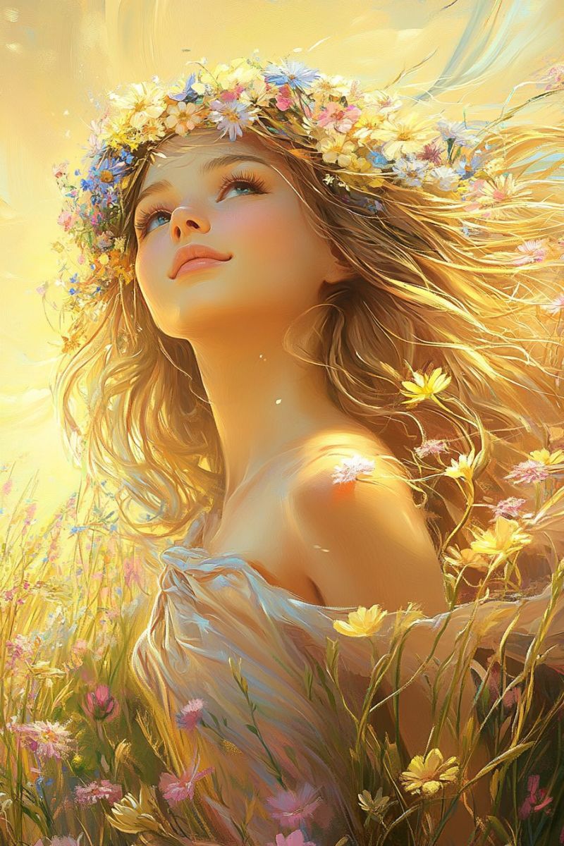 Painting woman beauty fantasy dreamlike ethereal shadow nature floral imagination flower crown blonde hair yellow flowers green leaves soft focus A woman with long, wavy blonde hair is standing in a field of flowers. She wears a flower crown on her head, made of various colorful flowers. Her hair flows freely, blending with the flowers around her. She wears a light, flowing dress that complements the natural setting. Her face is serene, with closed eyes and a gentle smile. The background is a soft, warm yellow, enhancing the natural and peaceful atmosphere of the scene.